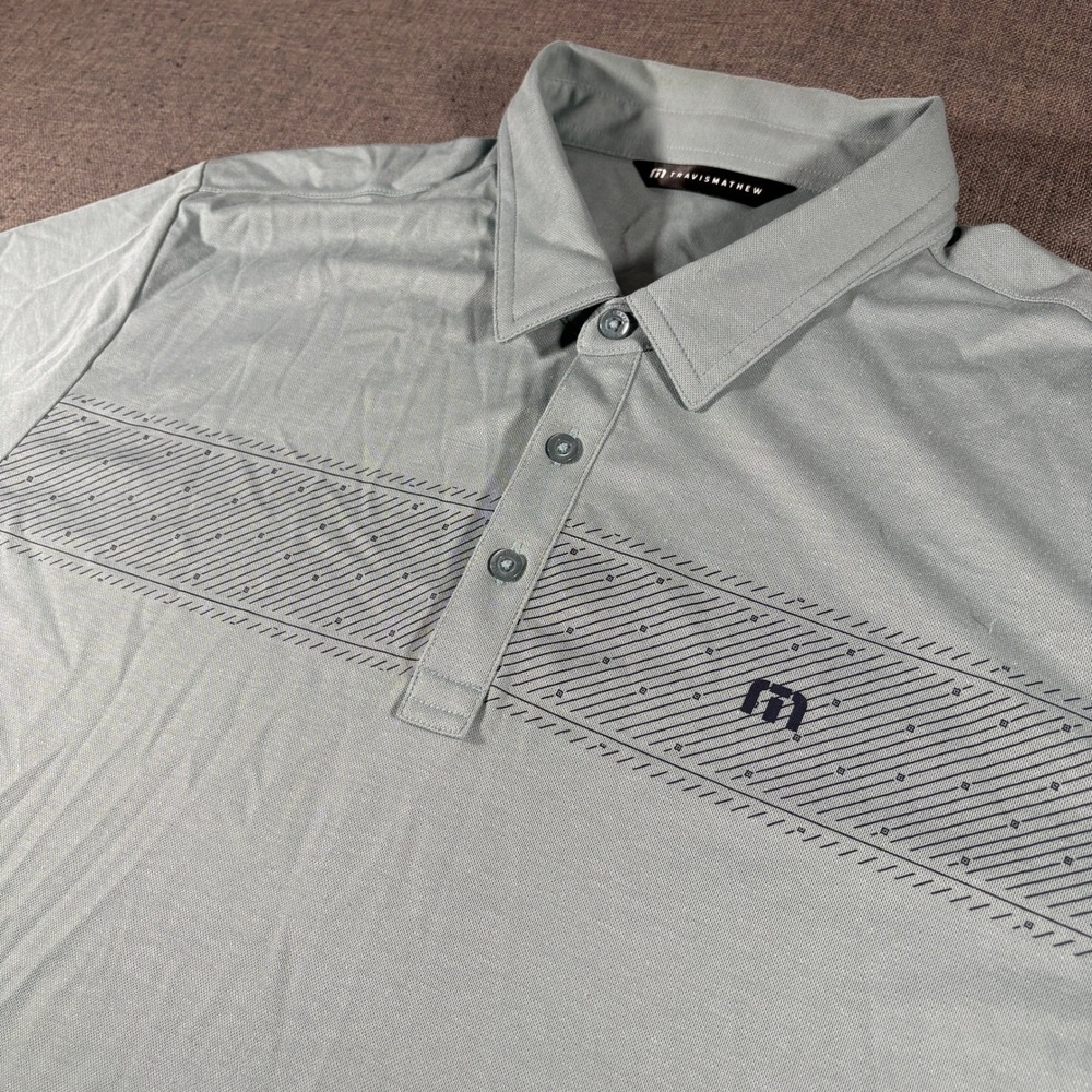 TravisMathew Polo Shirt Mens XXL Sage Green Geometric Stripe Short Sleeve A47598